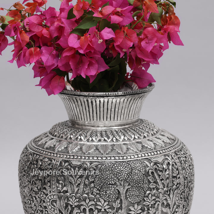 Handcrafted Oxidised Silver Finish Floral Engraved Metal Vase
