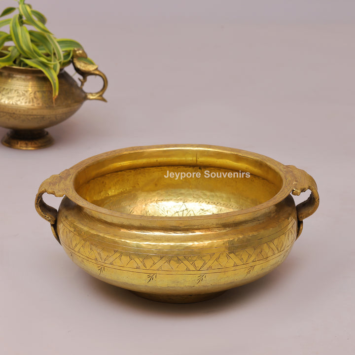 Handcrafted Brass Urli Bowl with Handles &amp; Geometric Engraving