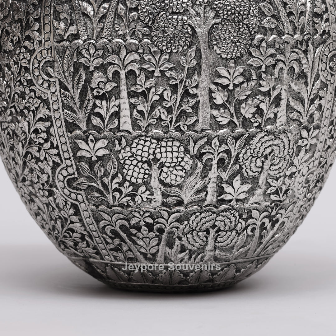 Handcrafted Oxidised Silver Finish Floral Engraved Metal Vase