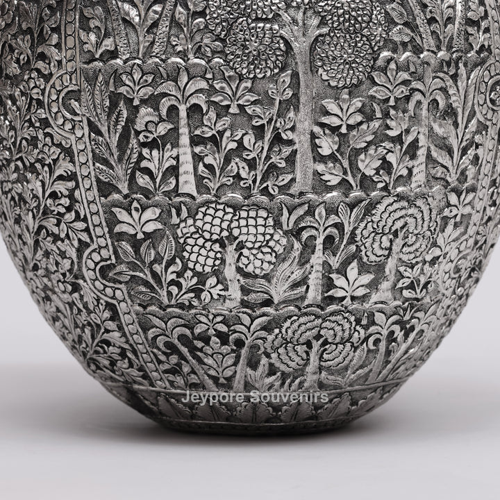 Handcrafted Oxidised Silver Finish Floral Engraved Metal Vase