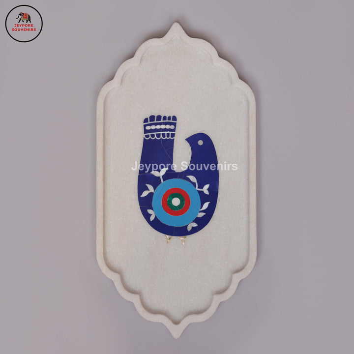 Handcrafted White Marble Inlay Plate with Bird Motif
