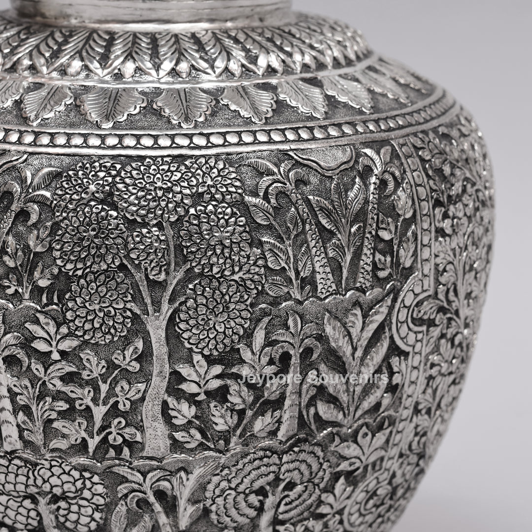 Handcrafted Oxidised Silver Finish Floral Engraved Metal Vase