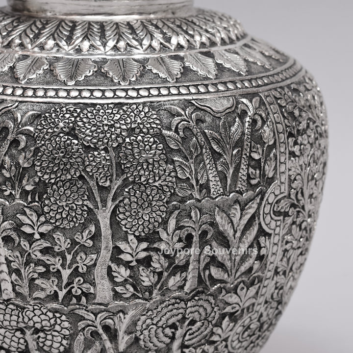Handcrafted Oxidised Silver Finish Floral Engraved Metal Vase