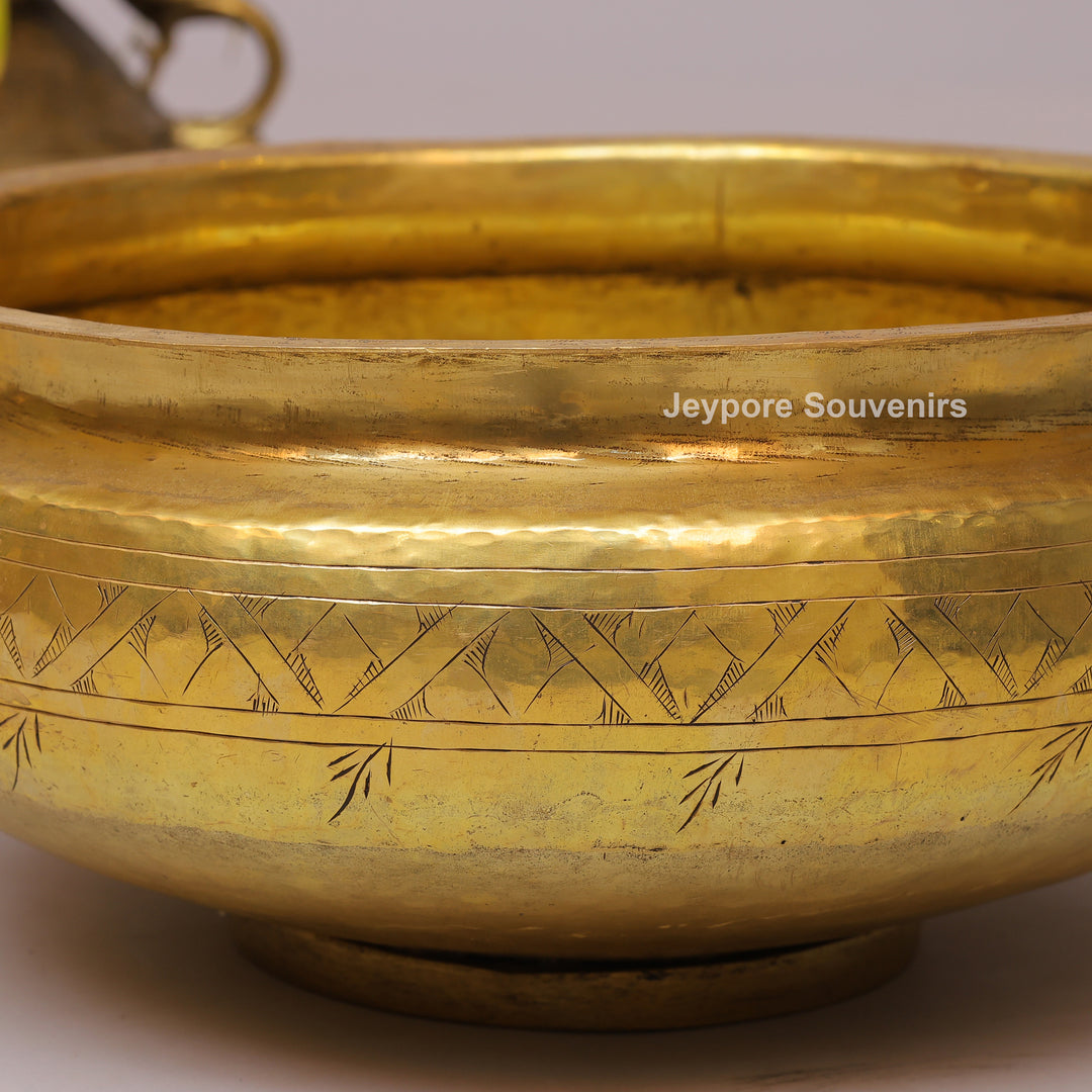 Handcrafted Brass Urli Bowl with Handles &amp; Geometric Engraving