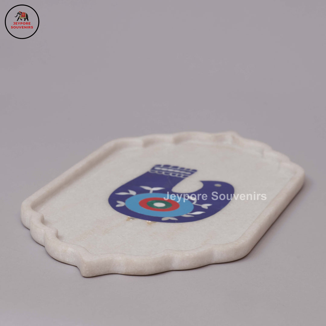 Handcrafted White Marble Inlay Plate with Bird Motif