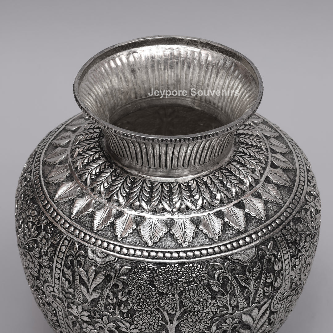 Handcrafted Oxidised Silver Finish Floral Engraved Metal Vase