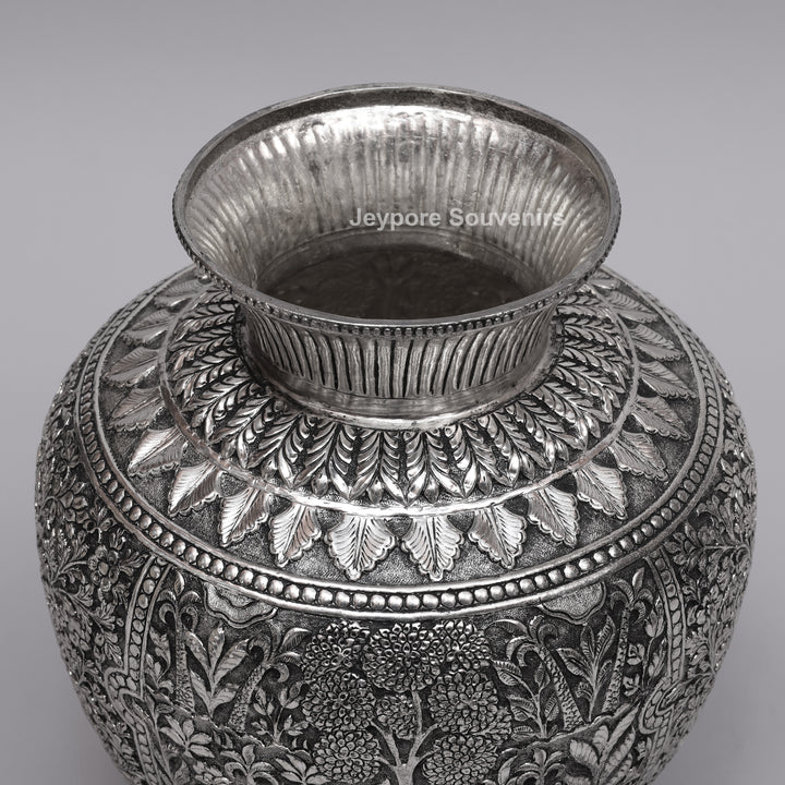 Handcrafted Oxidised Silver Finish Floral Engraved Metal Vase