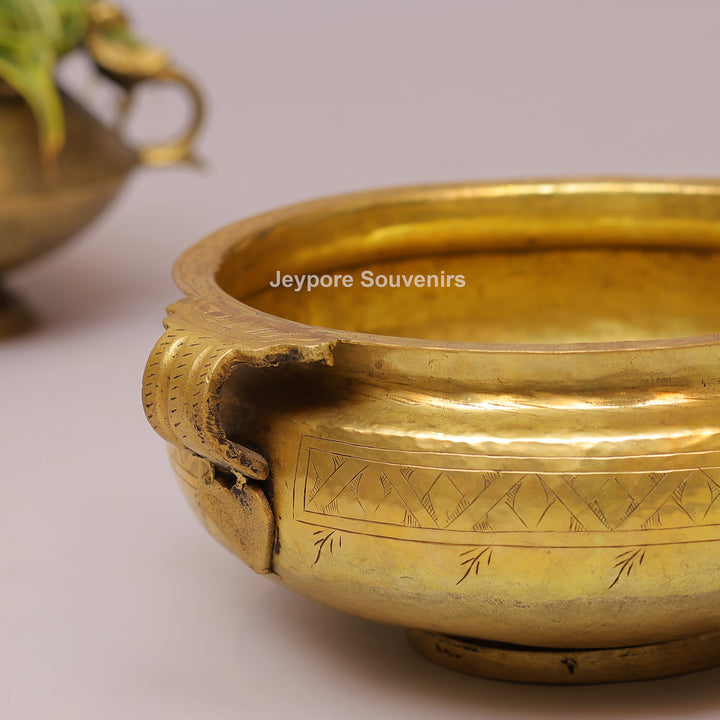 Handcrafted Brass Urli Bowl with Handles &amp; Geometric Engraving