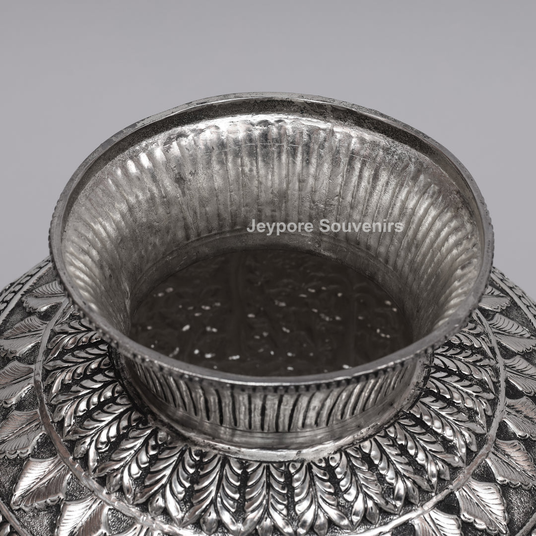 Handcrafted Oxidised Silver Finish Floral Engraved Metal Vase