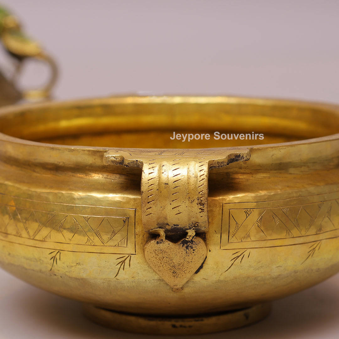 Handcrafted Brass Urli Bowl with Handles &amp; Geometric Engraving