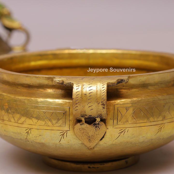 Handcrafted Brass Urli Bowl with Handles &amp; Geometric Engraving