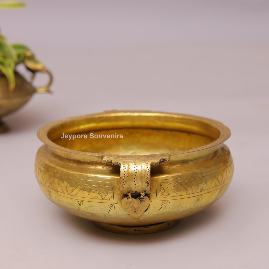 Handcrafted Brass Urli Bowl with Handles &amp; Geometric Engraving