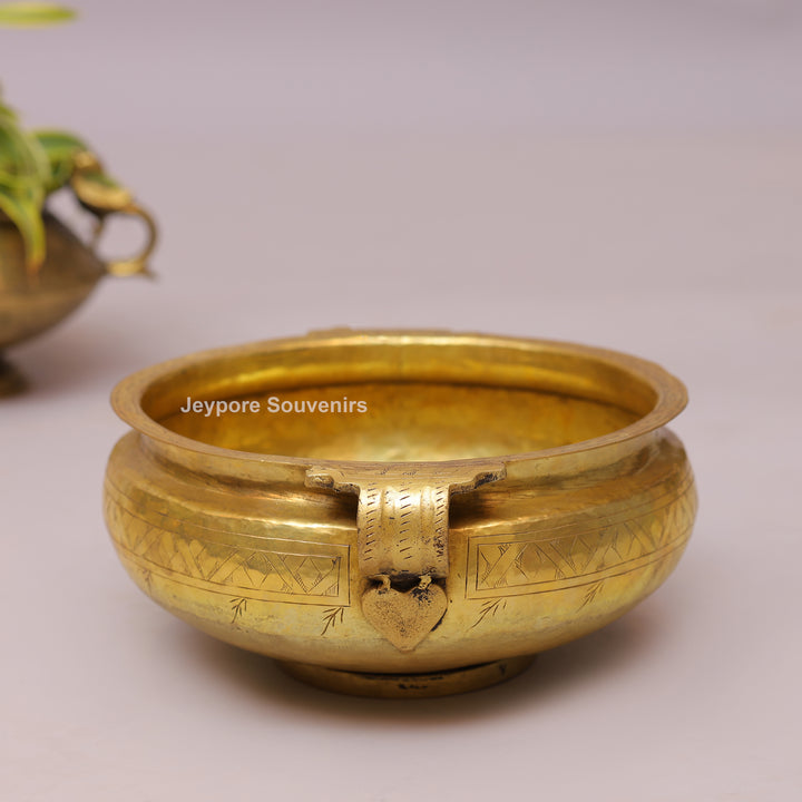 Handcrafted Brass Urli Bowl with Handles &amp; Geometric Engraving