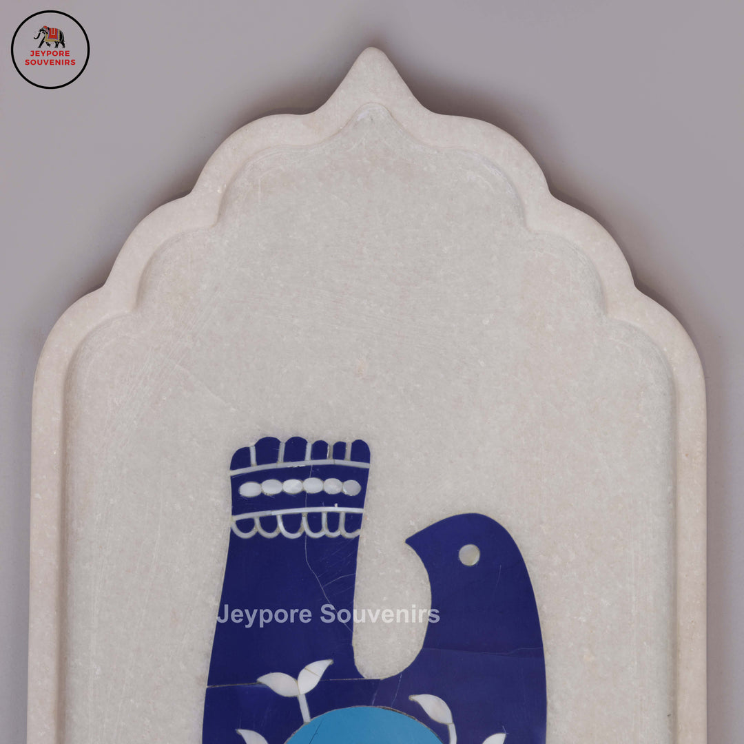 Handcrafted White Marble Inlay Plate with Bird Motif
