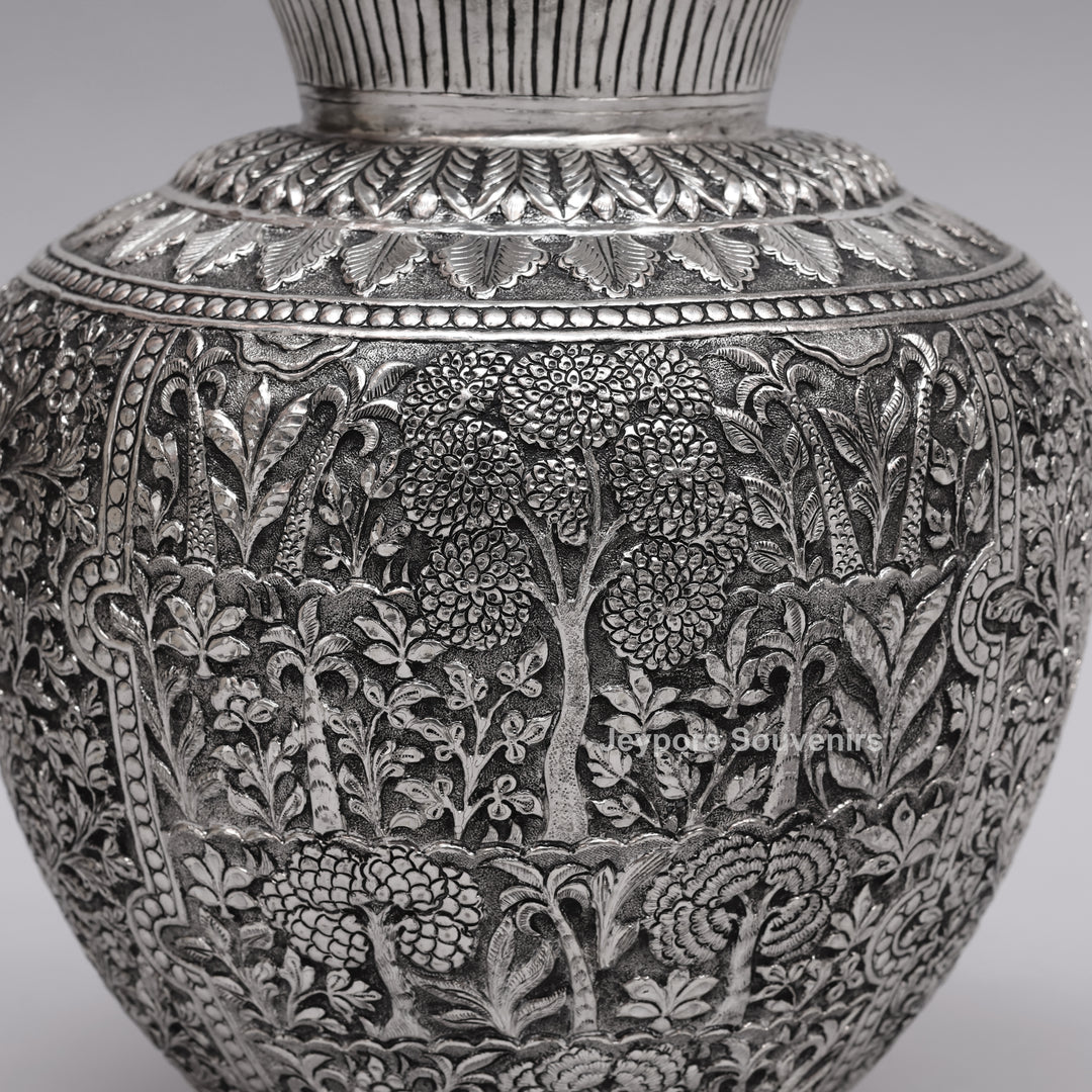 Handcrafted Oxidised Silver Finish Floral Engraved Metal Vase