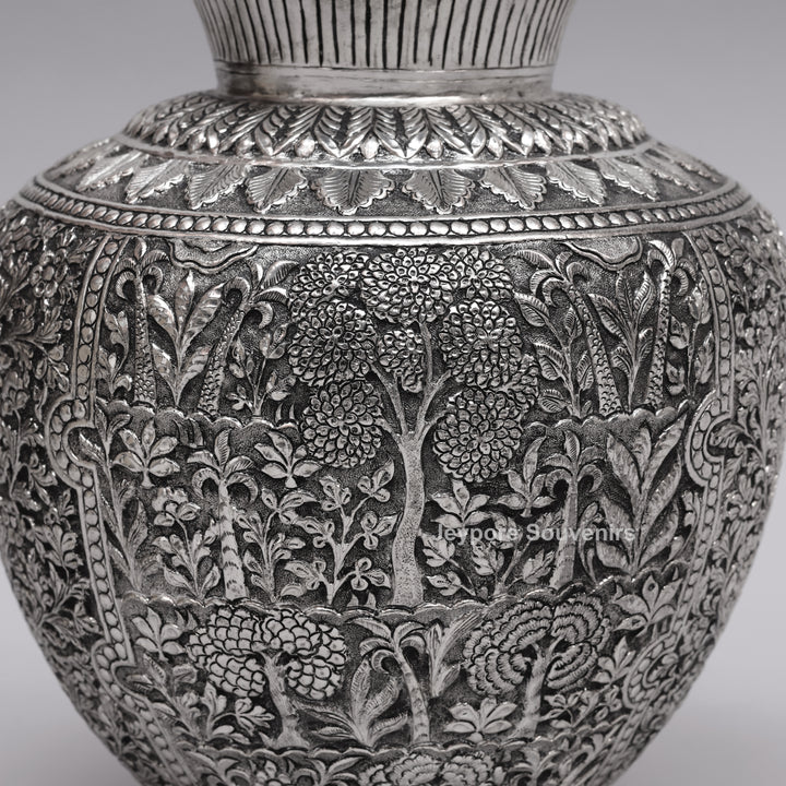 Handcrafted Oxidised Silver Finish Floral Engraved Metal Vase