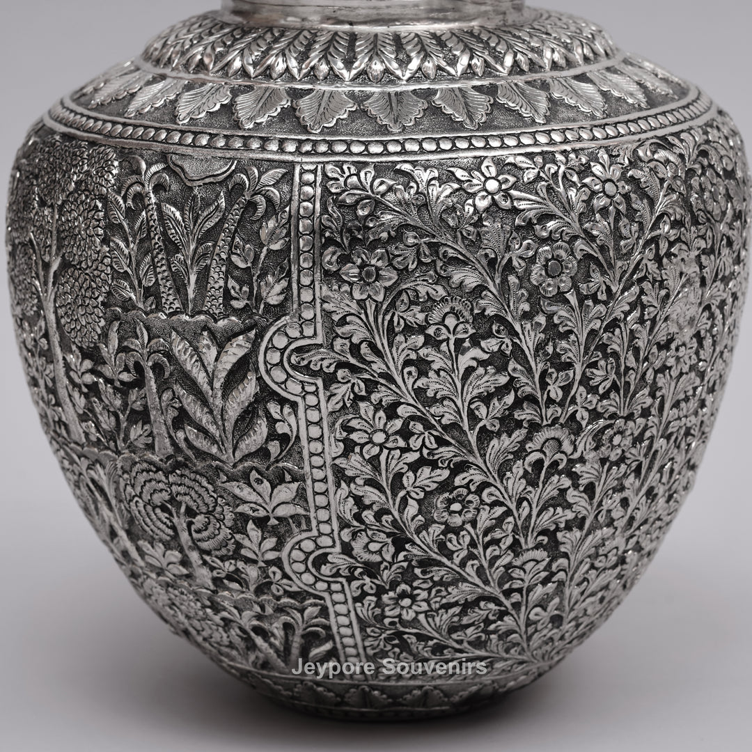 Handcrafted Oxidised Silver Finish Floral Engraved Metal Vase