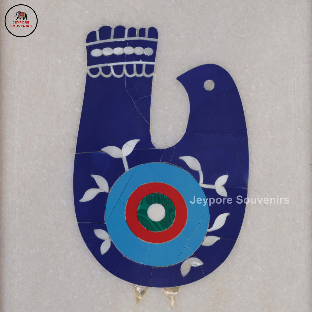 Handcrafted White Marble Inlay Plate with Bird Motif