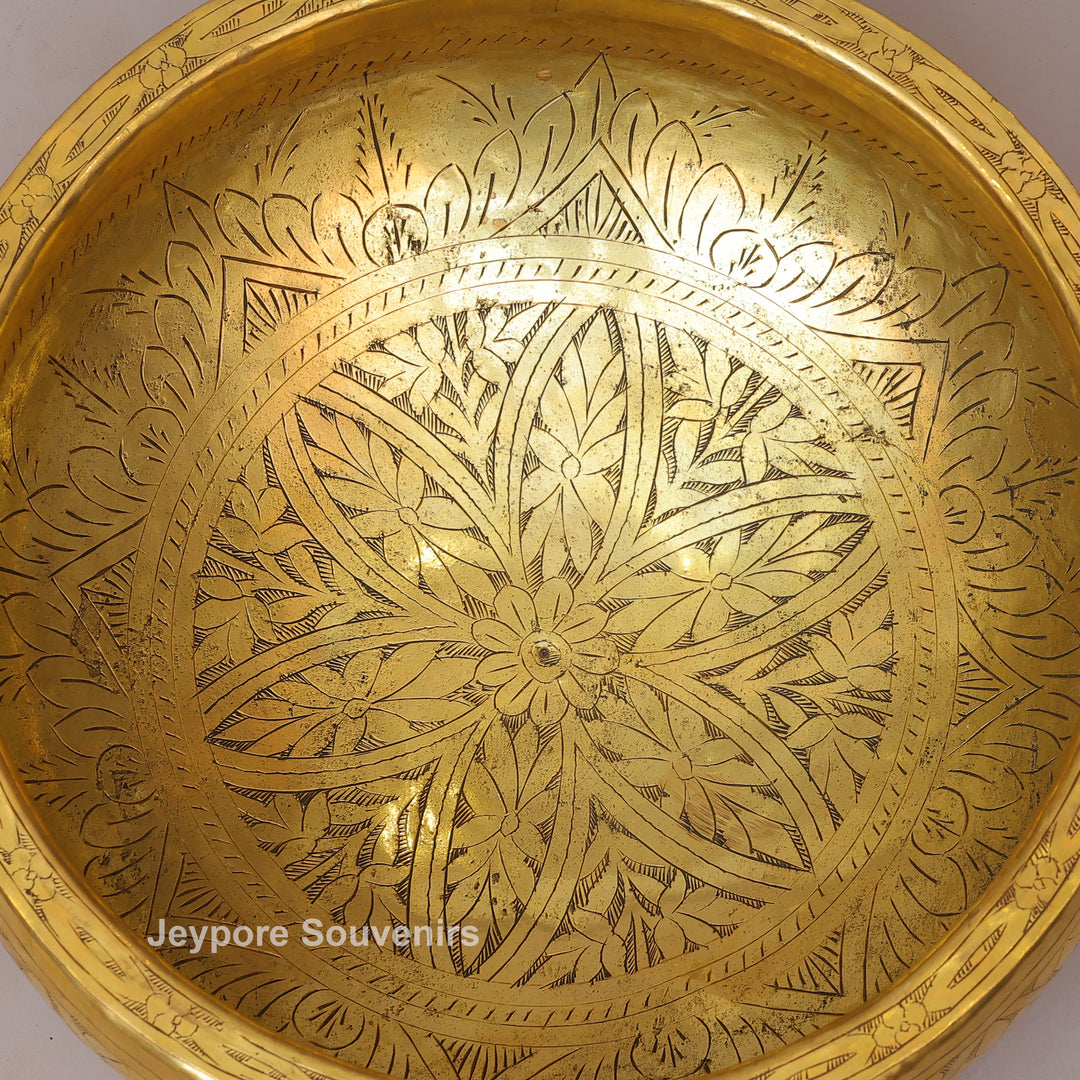 Handcrafted Brass Urli Bowl with Handles &amp; Geometric Engraving