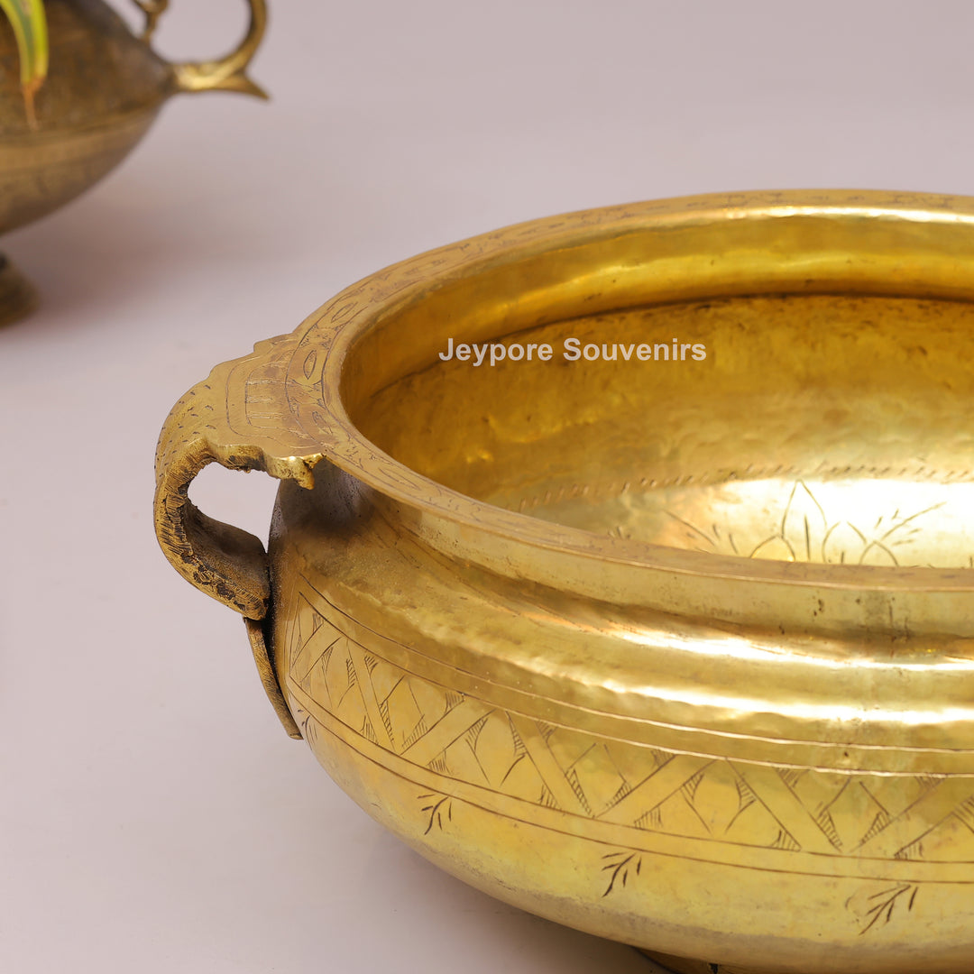 Handcrafted Brass Urli Bowl with Handles &amp; Geometric Engraving