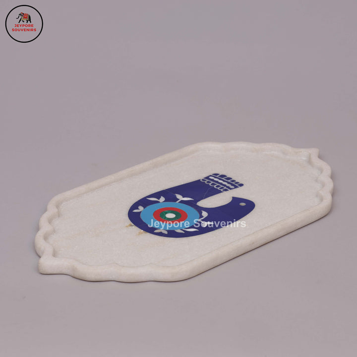 Handcrafted White Marble Inlay Plate with Bird Motif