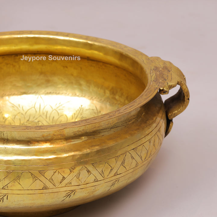 Handcrafted Brass Urli Bowl with Handles &amp; Geometric Engraving