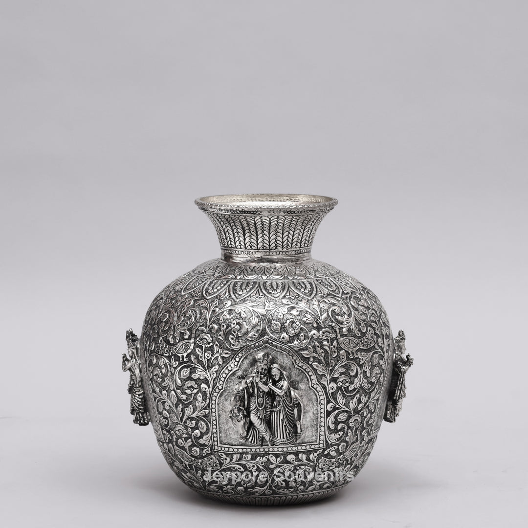 Handcrafted Oxidized Copper Silver Polish Floral Vase with Intricate Carving Art