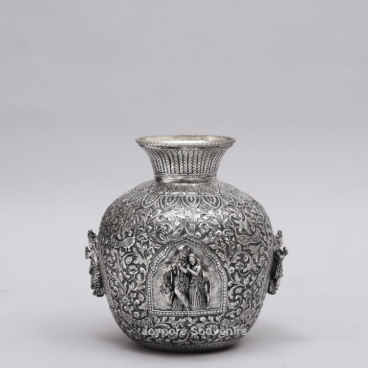 Handcrafted Oxidized Copper Silver Polish Floral Vase with Intricate Carving Art
