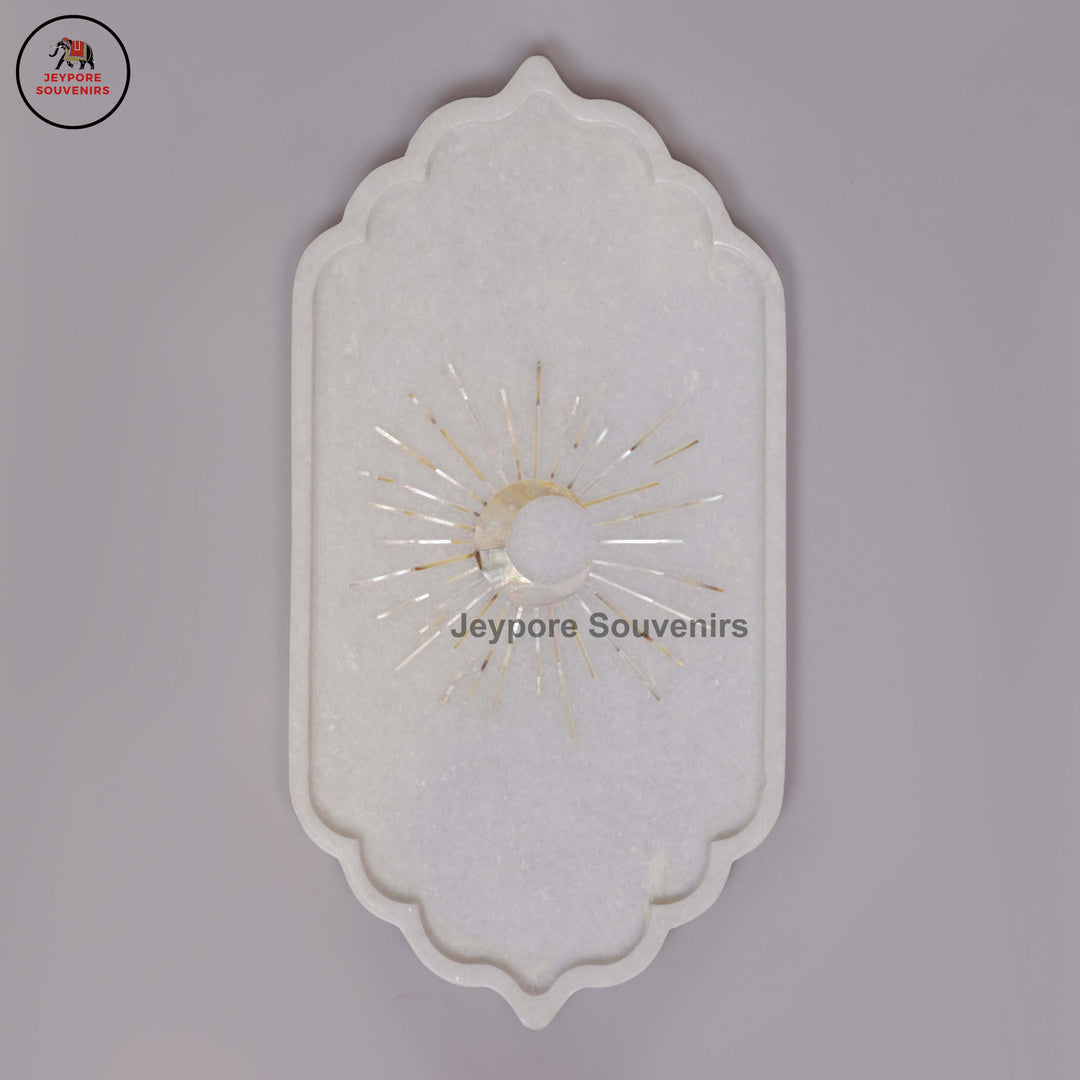 Handcrafted White Marble Inlay Plate with Sun Motif