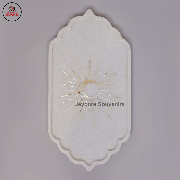 Handcrafted White Marble Inlay Plate with Sun Motif