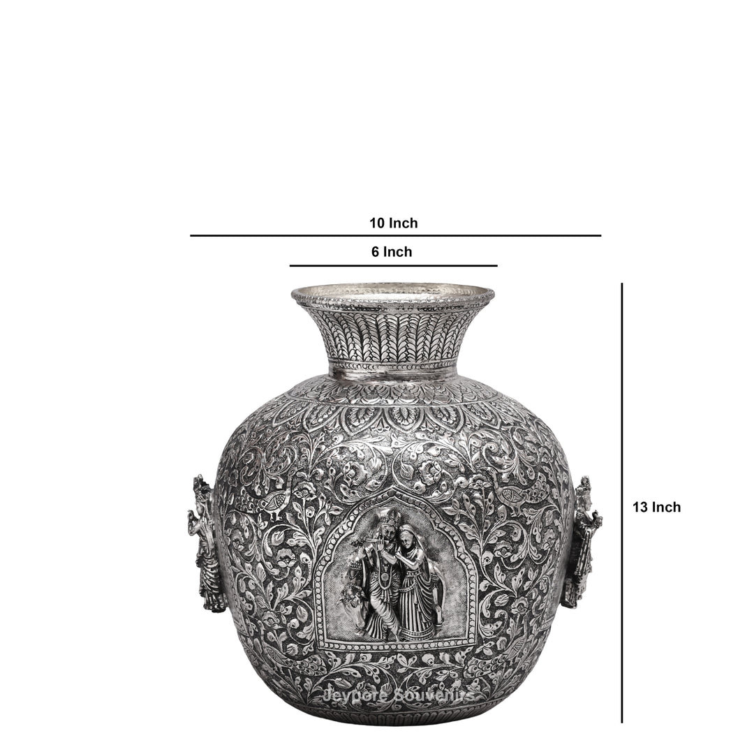 Handcrafted Oxidized Copper Silver Polish Floral Vase with Intricate Carving Art