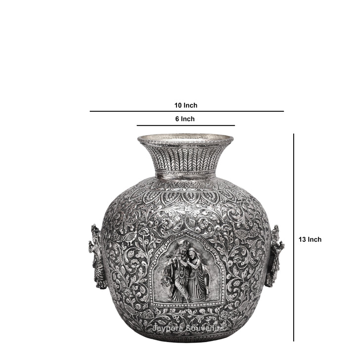 Handcrafted Oxidized Copper Silver Polish Floral Vase with Intricate Carving Art