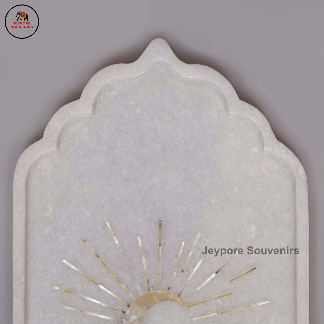 Handcrafted White Marble Inlay Plate with Sun Motif