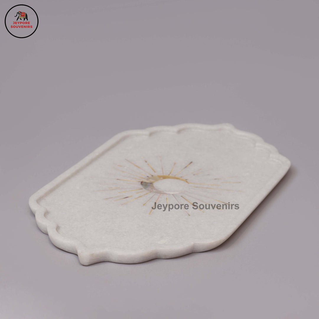 Handcrafted White Marble Inlay Plate with Sun Motif