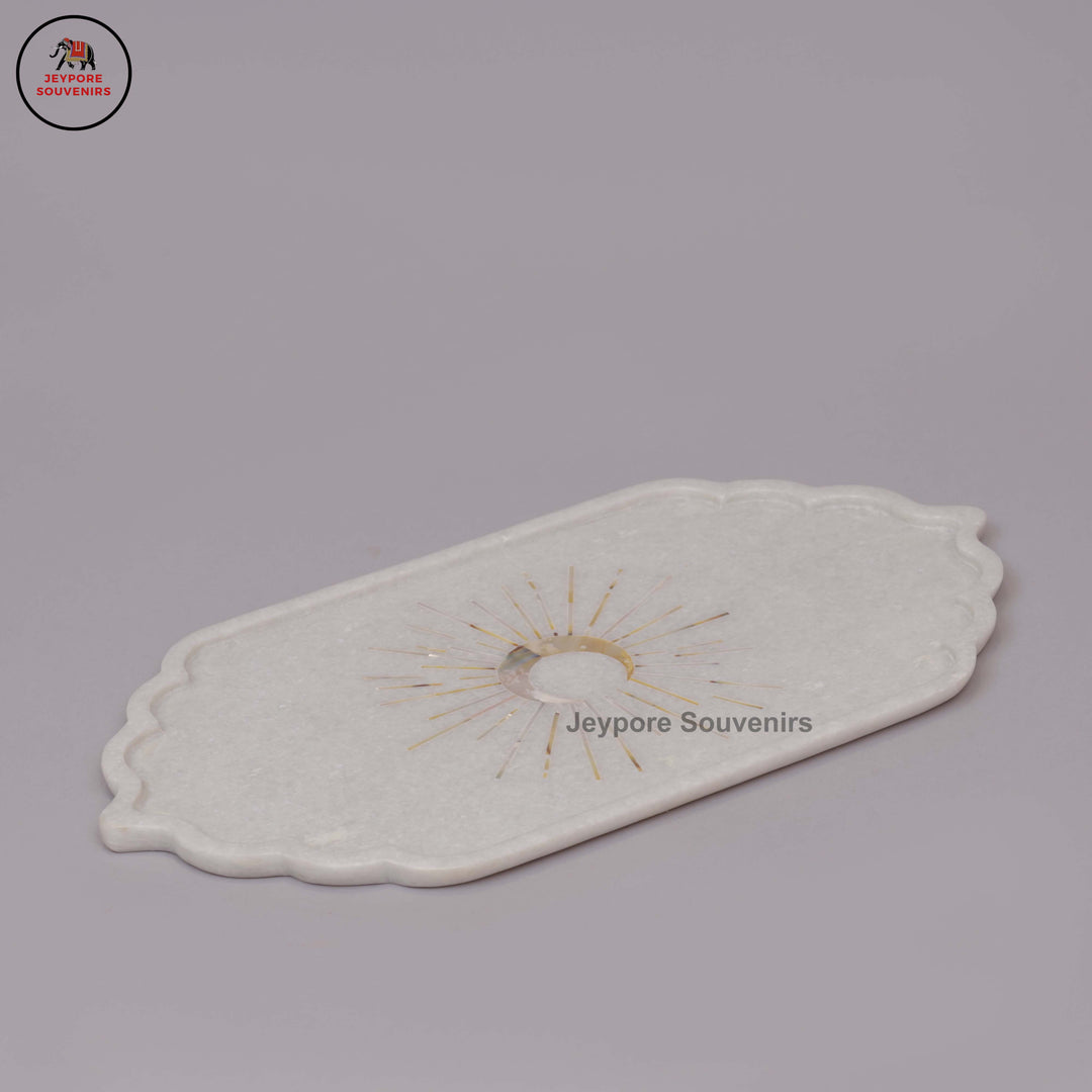 Handcrafted White Marble Inlay Plate with Sun Motif