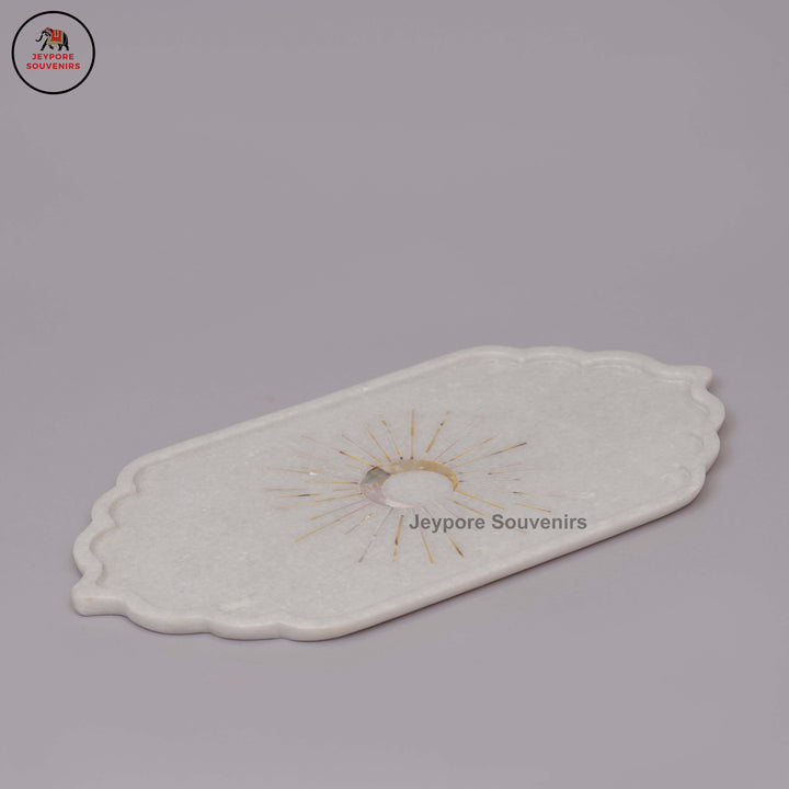 Handcrafted White Marble Inlay Plate with Sun Motif