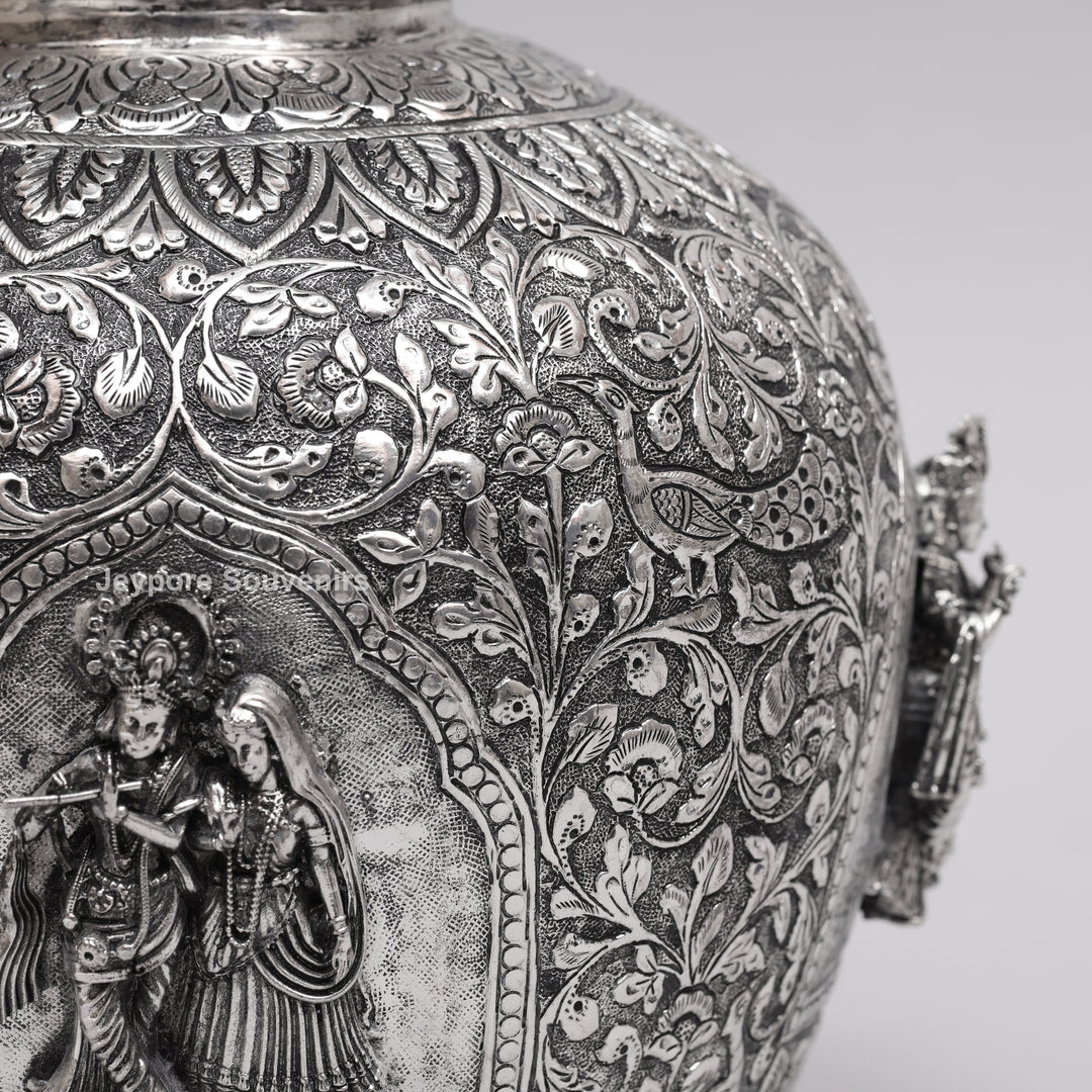 Handcrafted Oxidized Copper Silver Polish Floral Vase with Intricate Carving Art