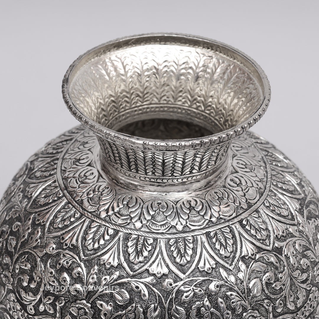 Handcrafted Oxidized Copper Silver Polish Floral Vase with Intricate Carving Art