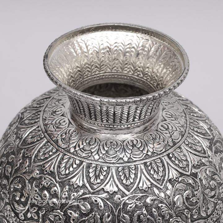 Handcrafted Oxidized Copper Silver Polish Floral Vase with Intricate Carving Art