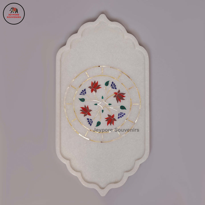 Handcrafted White Marble Pietra Dura Inlay Plate with Floral Motifs