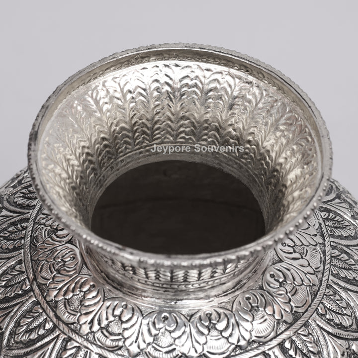 Handcrafted Oxidized Copper Silver Polish Floral Vase with Intricate Carving Art