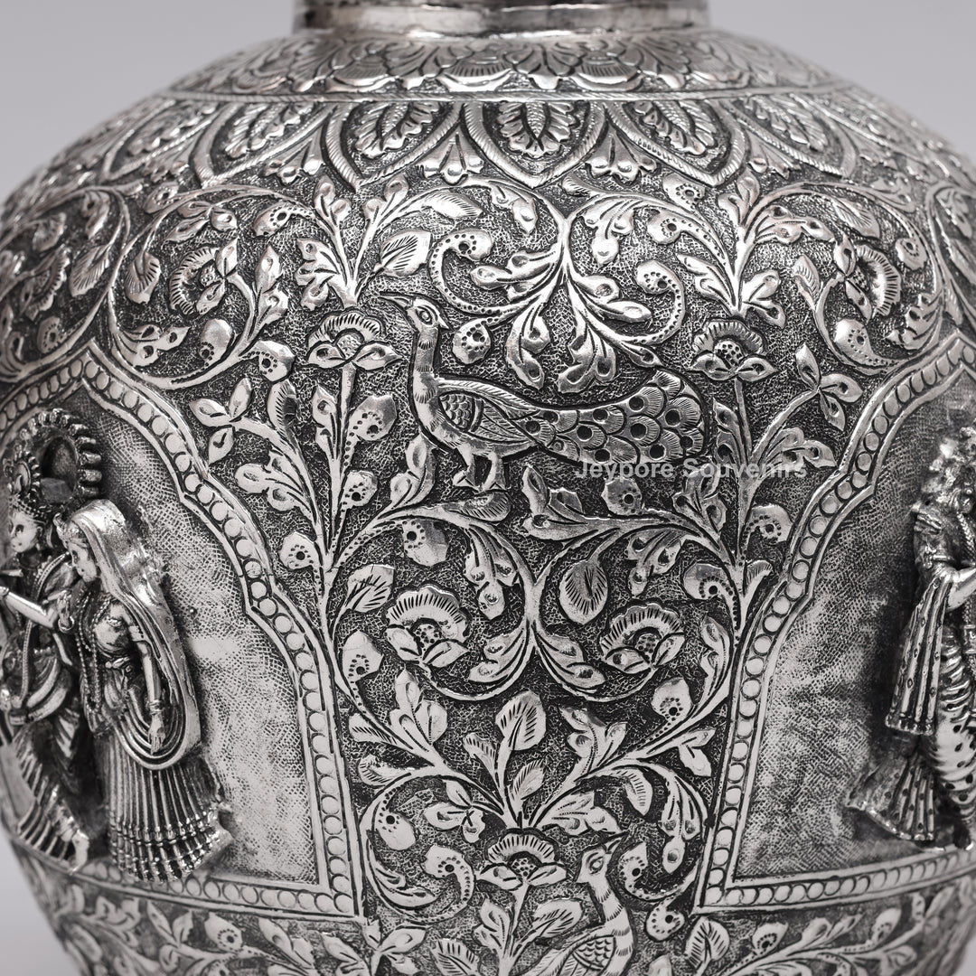 Handcrafted Oxidized Copper Silver Polish Floral Vase with Intricate Carving Art