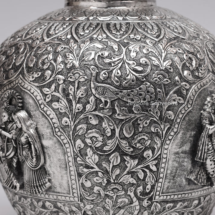 Handcrafted Oxidized Copper Silver Polish Floral Vase with Intricate Carving Art