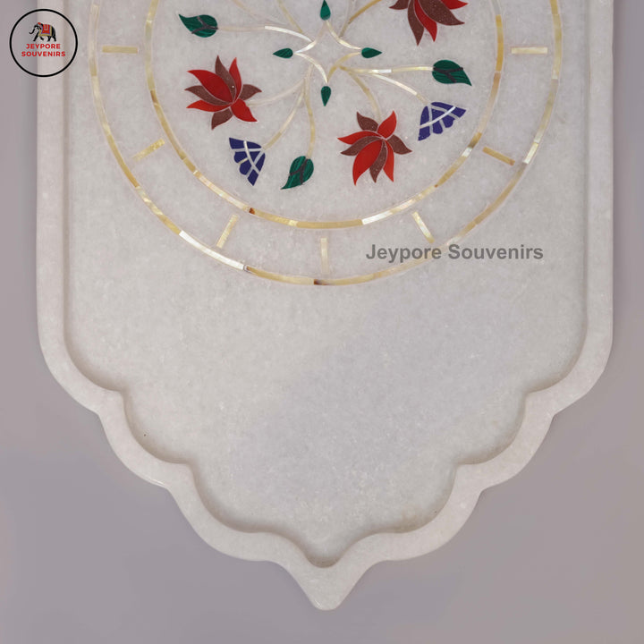 Handcrafted White Marble Pietra Dura Inlay Plate with Floral Motifs