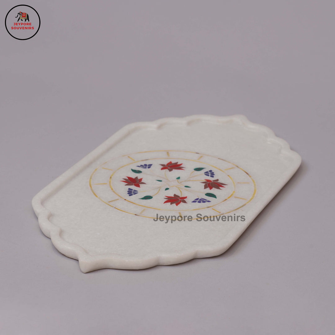 Handcrafted White Marble Pietra Dura Inlay Plate with Floral Motifs