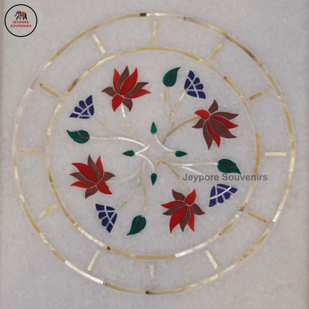 Handcrafted White Marble Pietra Dura Inlay Plate with Floral Motifs