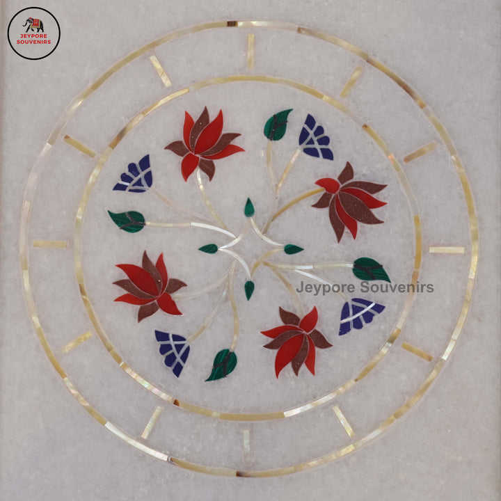 Handcrafted White Marble Pietra Dura Inlay Plate with Floral Motifs