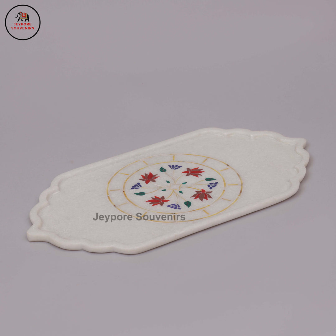 Handcrafted White Marble Pietra Dura Inlay Plate with Floral Motifs