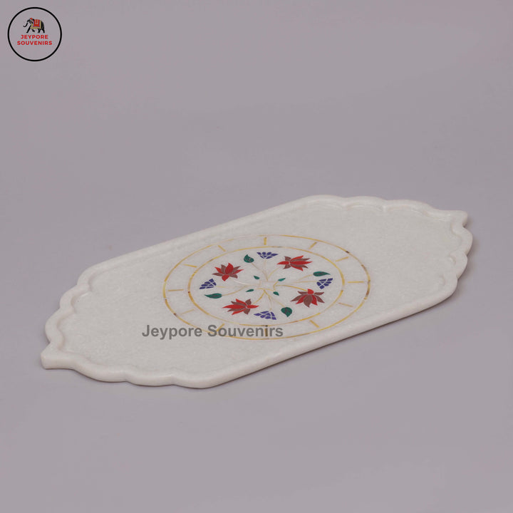 Handcrafted White Marble Pietra Dura Inlay Plate with Floral Motifs