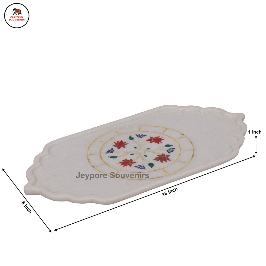 Handcrafted White Marble Pietra Dura Inlay Plate with Floral Motifs